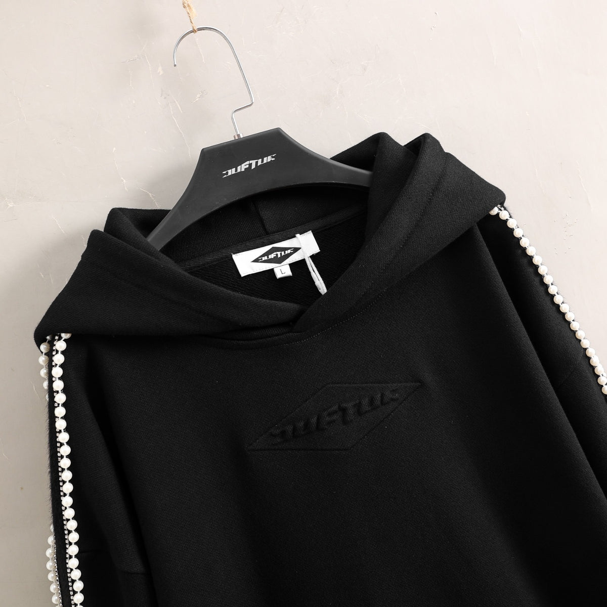 PEARLED HARBOUR” HOODIE SET (BLACK W/CREAM PEARL TRIM) – OUFTUR