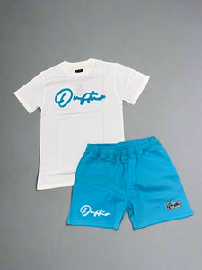 "THE PLANE JANE STAPLE SUMMER 25" SHORT SET (WHITE W/BLUE TEE & BLUE W/ WHITE SHORTS)