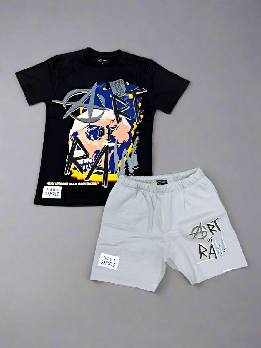 “ART OF RAW” SHORTSET T-SHIRT W/ SHORTS (BLACK TEE W/ GREY SHORTS)