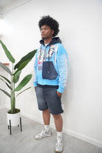 Load image into Gallery viewer, "ART ON TUR" HOODIE SHORT SET (SKY BLUE HOODIE W/ NAVY SPRAY SHORTS)