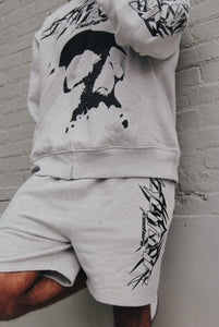 "BIG SKULL SET" FULLZIP HOODIE W/ SHORTS (GREY W/ BLACK)