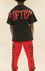 "WASHED OUT Fashion District SET" SWEATPANTS AND TEE (RED/BLACK)