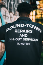 Load image into Gallery viewer, &quot;POUNDTOWN&quot; SHORTSLEEVE BUTTON UP SHIRT ( BLACK W/WHITE)