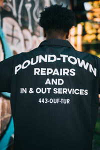 "POUNDTOWN" SHORTSLEEVE BUTTON UP SHIRT ( BLACK W/WHITE)