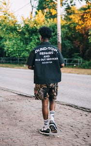 "POUNDTOWN" SHORTSLEEVE BUTTON UP SHIRT ( BLACK W/WHITE)