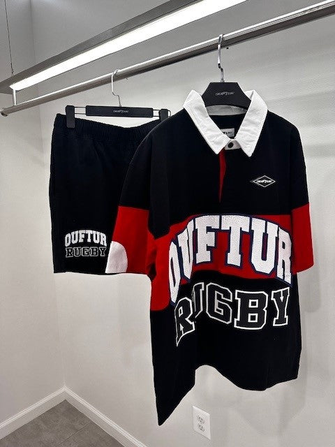 “OT RUGBY SET” SHORTSET COLLARSHIRT SHORTSLEEVE W/ SHORTS (BLK/RED/WHIT TOP /W BLACK SHORTS)