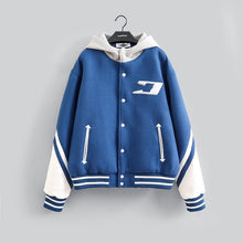 Load image into Gallery viewer, &quot;BIG O&quot; HOODED VARSITY COAT (DENIM BLUE W/ WHITE &amp; GREY HOOD)