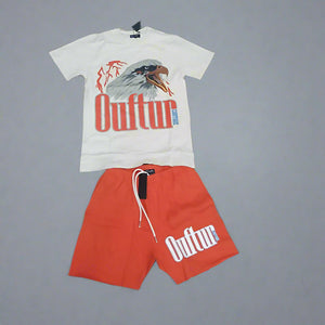 “BIG EAGLE” SHORTSET T-SHIRT W/ SHORTS (CREAM TEE W/ ORANGE SHORTS)