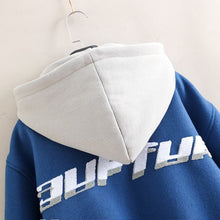 Load image into Gallery viewer, &quot;BIG O&quot; HOODED VARSITY COAT (DENIM BLUE W/ WHITE &amp; GREY HOOD)