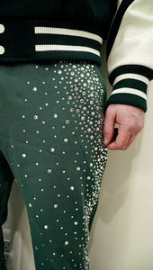 "OUF IN MOTION LUX" RHINESTONE FLARE PANT (FORREST GREEN W/ STONES)