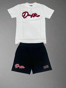 "THE PLANE JANE STAPLE SUMMER 25" SHORT SET (WHITE W/RED TEE & BLACK W/ RED SHORTS)