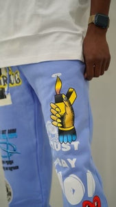 "JUST SAY NO" GRAPHIC SWEATPANTS (SKY W/ MULTI)