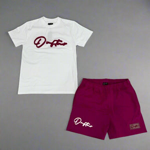 "THE PLANE JANE STAPLE SUMMER 25" SHORT SET (WHITE W/RASPBERRY TEE & RASPBERRY SHORT W/ WHITE)