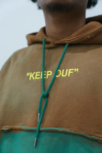 Load image into Gallery viewer, "KEEP OUF" HOODIE DISTRESSED (BROWN &amp; GREEN SPRAY) MADE CUSTOM