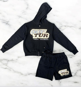 "OUFTUR TECH DIVISION" FULLZIP HOODIE SHORT SET (BLACK W/ REFLECTIVE SILVER & BLK)