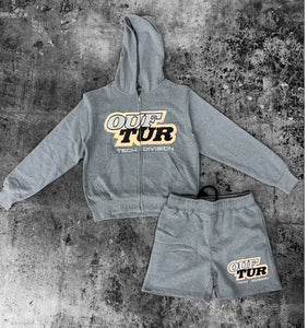 "OUFTUR TECH DIVISION" FULLZIP HOODIE SHORT SET (GREY W/ REFLECTIVE SILVER & BLK)