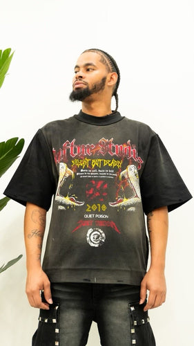 “VENOM” (ART ON TUR EDITION) BOXY OVERSIZED T-SHIRT (BLACKWASH W/ RED & GOLD)