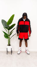Load image into Gallery viewer, "OUFTUR BLOCK DIVISION" FULLZIP NYLON HOODIE SHORT SET (BLACK W/ RED)