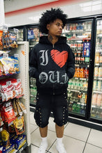 Load image into Gallery viewer, "OUF LOVE I” HOODIE DISTRESSED (BLACK W/ MULTISCREEN) CUSTOM SPRAY
