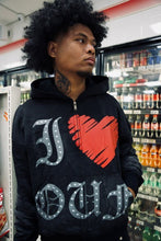 Load image into Gallery viewer, "OUF LOVE I” HOODIE DISTRESSED (BLACK W/ MULTISCREEN) CUSTOM SPRAY