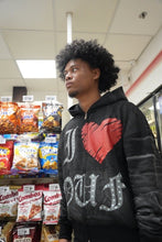 Load image into Gallery viewer, "OUF LOVE I” HOODIE DISTRESSED (BLACK W/ MULTISCREEN) CUSTOM SPRAY