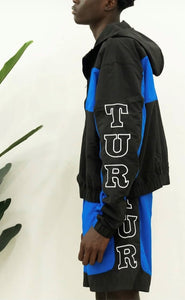 "OUFTUR BLOCK DIVISION" FULLZIP NYLON HOODIE SHORT SET (BLACK W/ ROYAL)