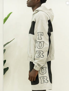 "OUFTUR BLOCK DIVISION" FULLZIP NYLON HOODIE SHORT SET (GREY W/ BLACK)