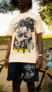 “ART OF RAW” SHORTSET T-SHIRT W/ SHORTS (CREAM TEE W NAVY SHORTS)