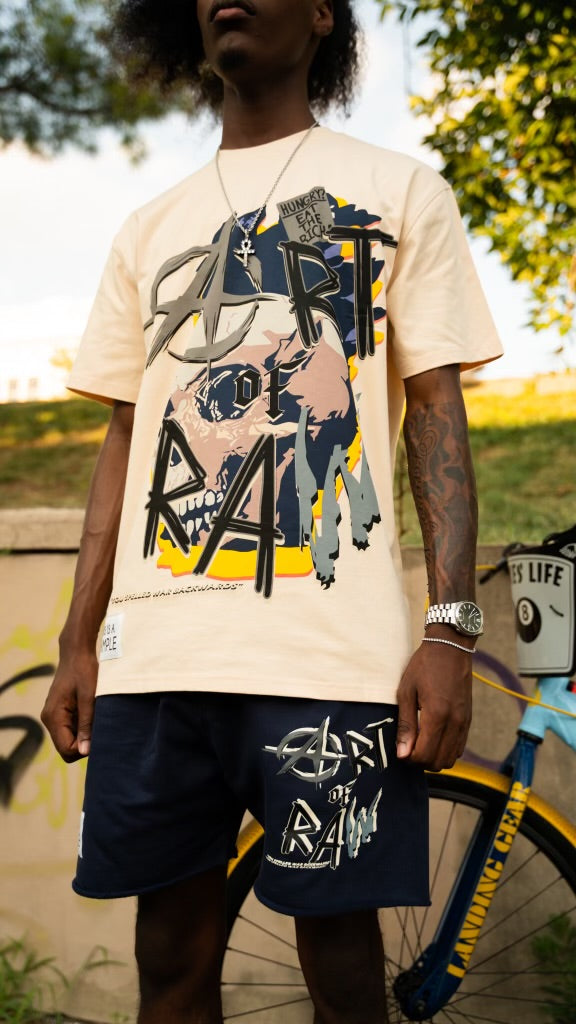 “ART OF RAW” SHORTSET T-SHIRT W/ SHORTS (CREAM TEE W NAVY SHORTS)