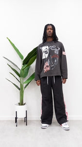 "BAGGY DADDY NYLONS" WIDELEG NYLON PANTS (BLACK W/ WHT & RED PANEL)