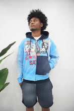 Load image into Gallery viewer, "ART ON TUR" HOODIE SHORT SET (SKY BLUE HOODIE W/ NAVY SPRAY SHORTS)