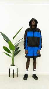 "OUFTUR BLOCK DIVISION" FULLZIP NYLON HOODIE SHORT SET (BLACK W/ ROYAL)