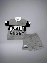 Load image into Gallery viewer, “OT RUGBY SET” SHORTSET COLLARSHIRT SHORTSLEEVE W/ SHORTS (BLK&amp;GREY TOP /W GREY SHORTS)