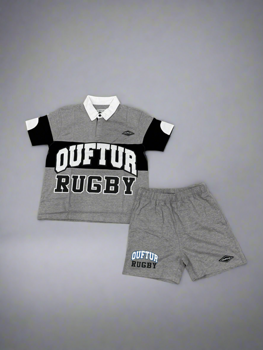 “OT RUGBY SET” SHORTSET COLLARSHIRT SHORTSLEEVE W/ SHORTS (BLK&GREY TOP /W GREY SHORTS)