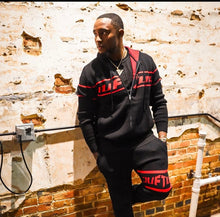 Load image into Gallery viewer, &quot;DIAMOND KNIT SET&quot; PANTS &amp; FULLZIP HOODIE (BLACK &amp; RED)