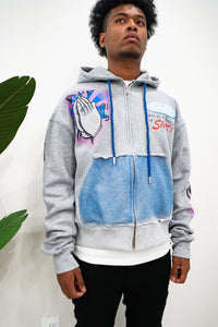 "SANITY" PULLOVER ZIP HOODIE (GREY W/ MULTI)