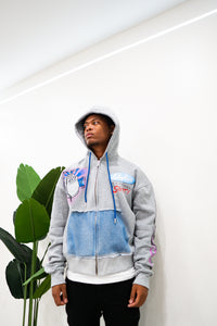 "SANITY" PULLOVER ZIP HOODIE (GREY W/ MULTI)