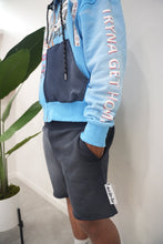 Load image into Gallery viewer, "ART ON TUR" HOODIE SHORT SET (SKY BLUE HOODIE W/ NAVY SPRAY SHORTS)