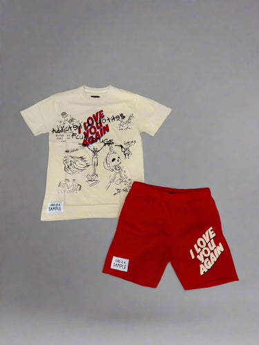 “ADDICTED TO CLOTHES” SHORTSET T-SHIRT W/ SHORTS (RED & CREAM)